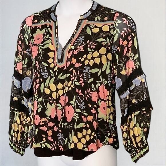 Hale Bob Floral Boho Georgette Blouse Size S Lace Trim Split Neck Balloon Sleeve - Picture 1 of 10
